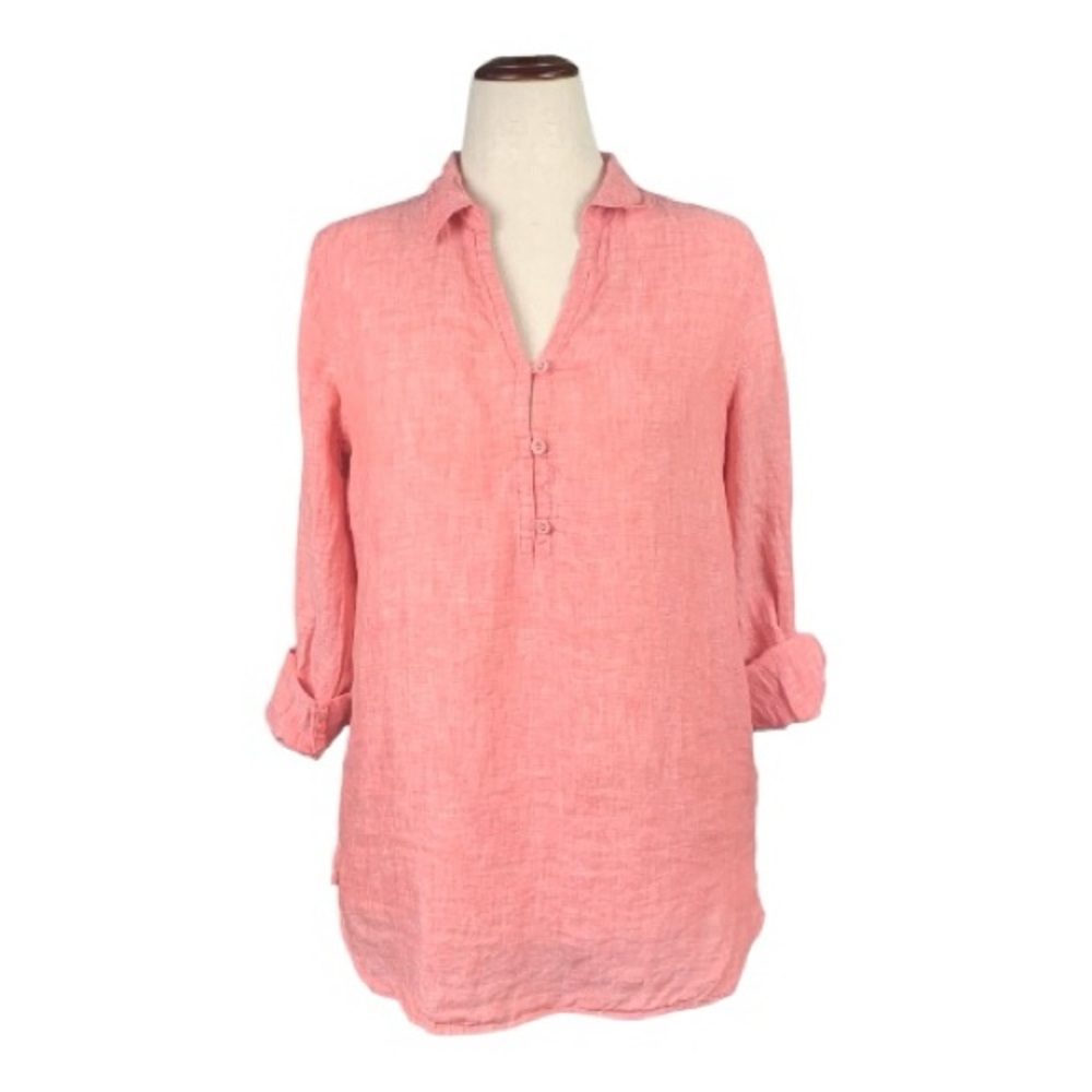Tahari 100%‎ Linen Coral Half Button Tunic Roll-Tab Sleeves Resort Beach Small